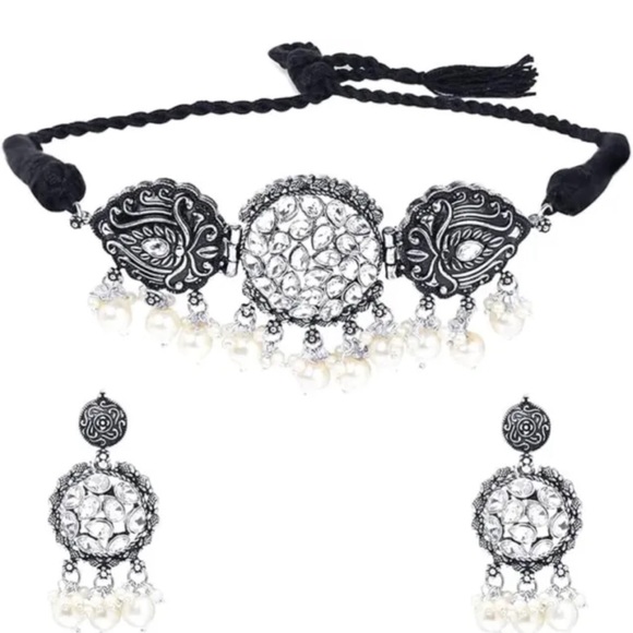 Oxidized Handcrafted Jewellery set Necklace with Earrings|Indian Choker set - Picture 7 of 7